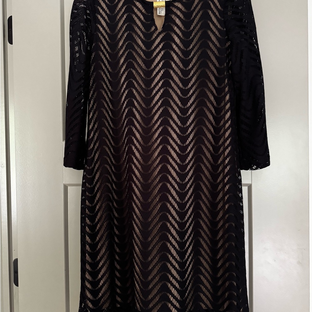 Emma & Michele Black Chevron Long Sleeve Dress with Gold Detail